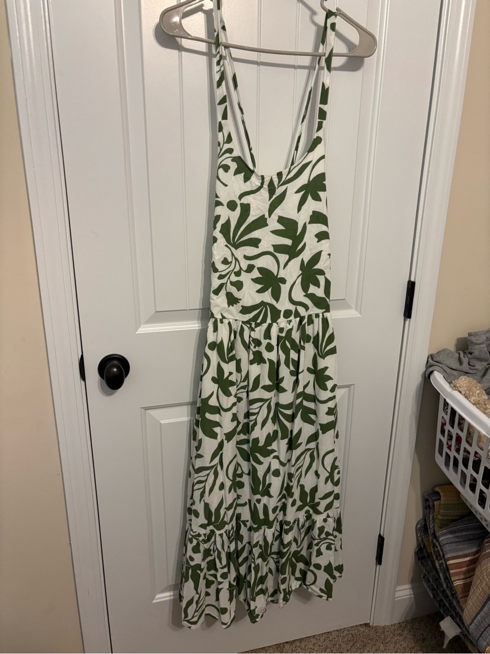 Time and Tru White Dress with Olive Green Leaf Print